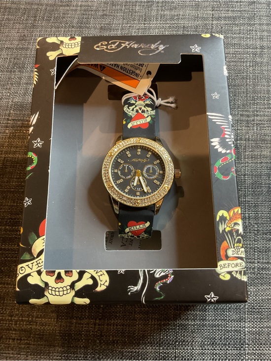 Ed Hardy Gold Tone Black Dial Watch with Red & Green Tattoo Strap #055 main image 5
